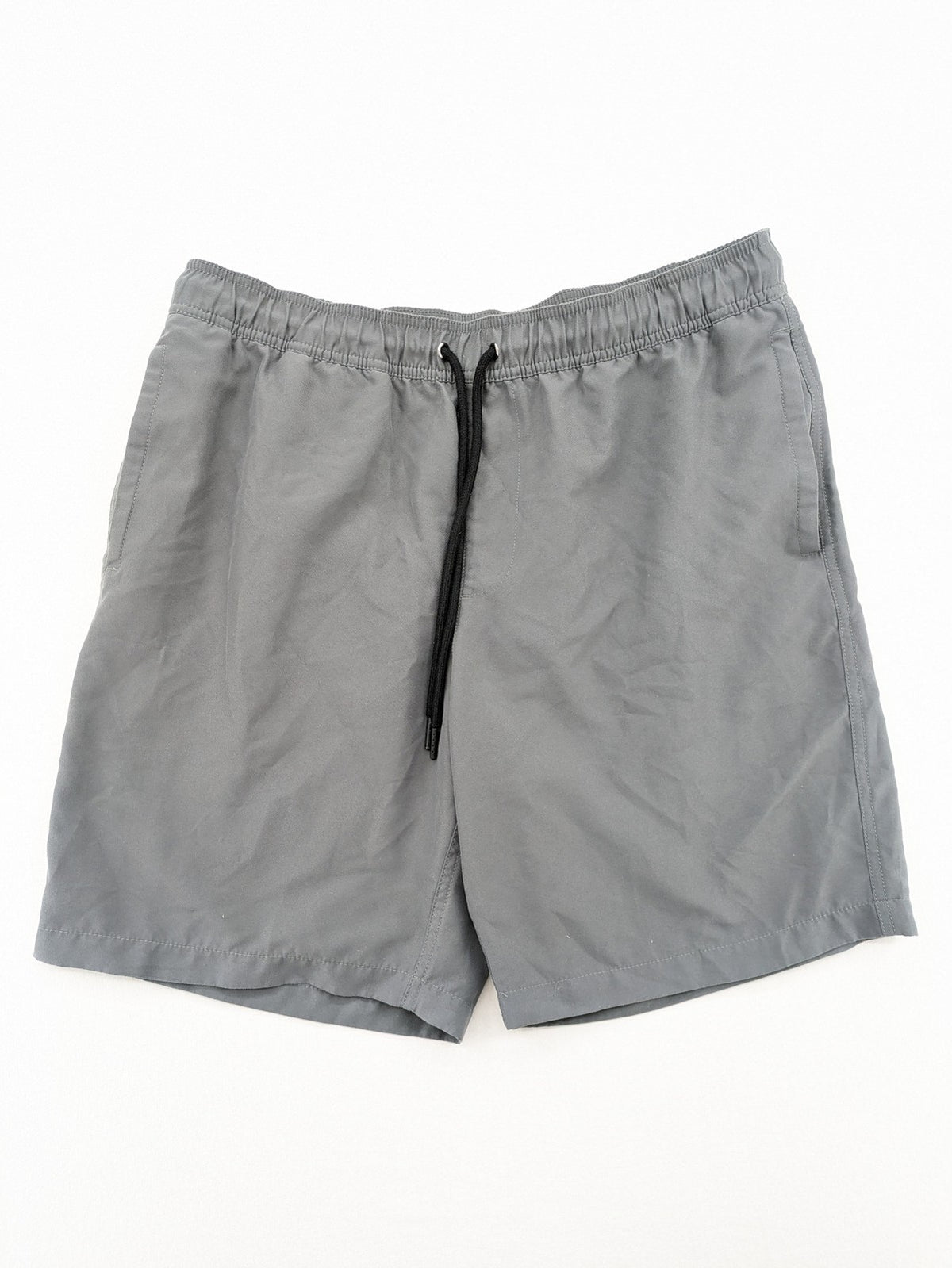 Amazon Essentials grey swim shorts with adjustable drawstring, side pockets, and quick-dry material.