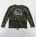 YFK turtle neck jumper multi camouflage print with sequined "COOL MOOD Today" graphic.