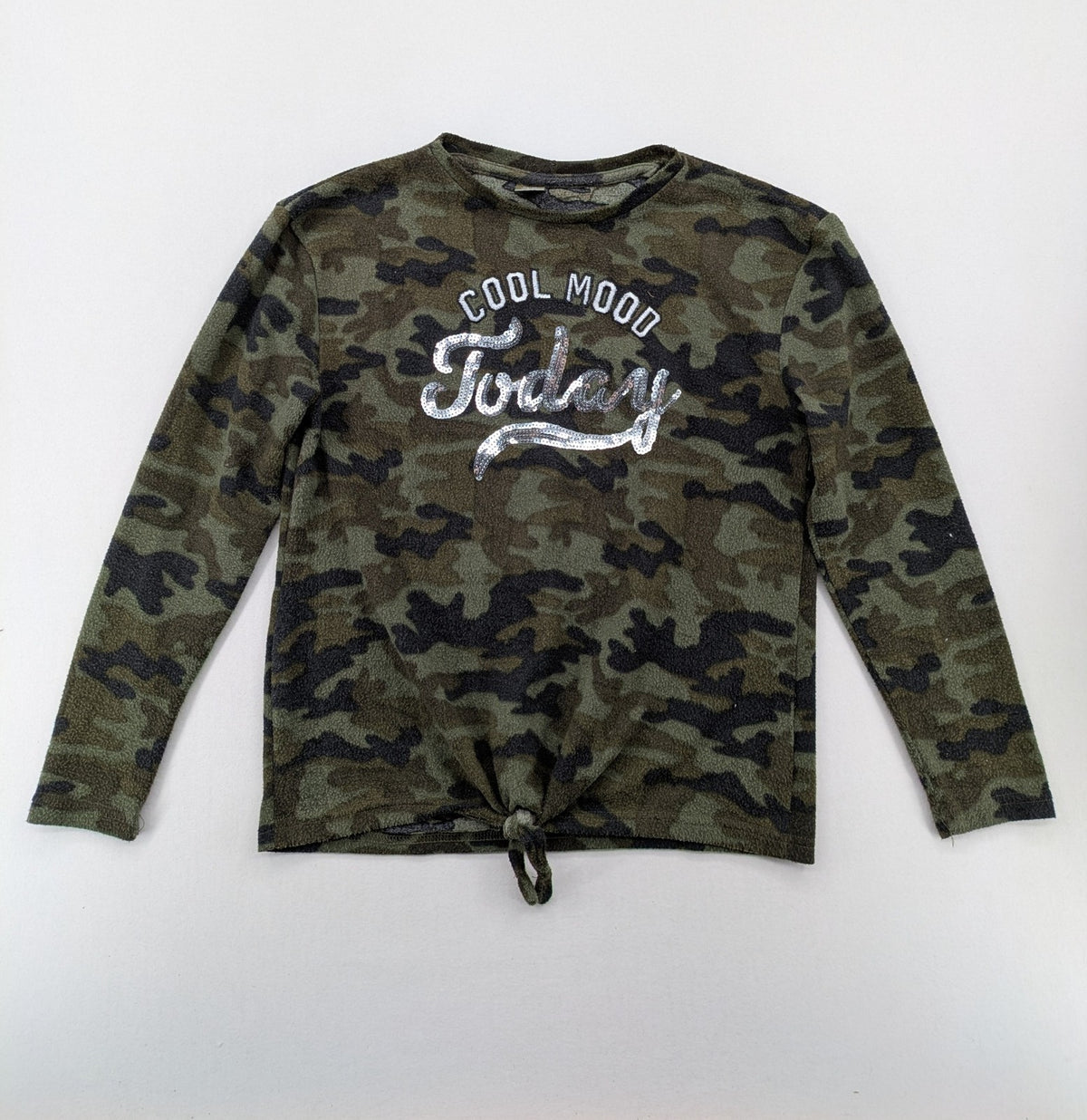 YFK turtle neck jumper multi camouflage print with sequined "COOL MOOD Today" graphic.