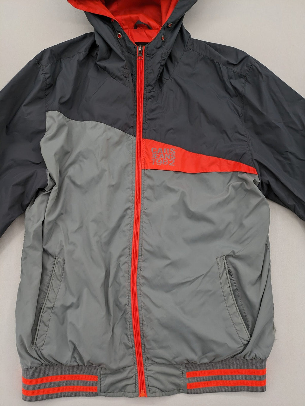 Cars Jeans windbreaker jacket grey orange color block design with logo on chest.