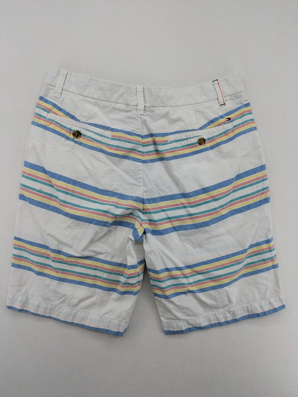 Tommy Hilfiger chino shorts blue and green striped pattern with iconic flag logo.