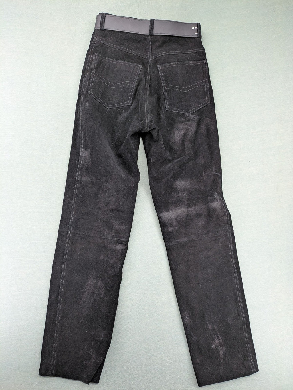 Silhouette black vintage pants high-waisted genuine suede five-pocket style with studded belt.
