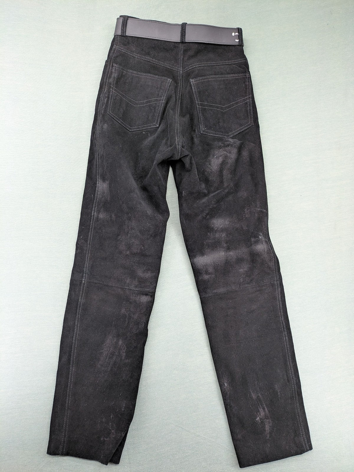 Silhouette black vintage pants high-waisted genuine suede five-pocket style with studded belt.