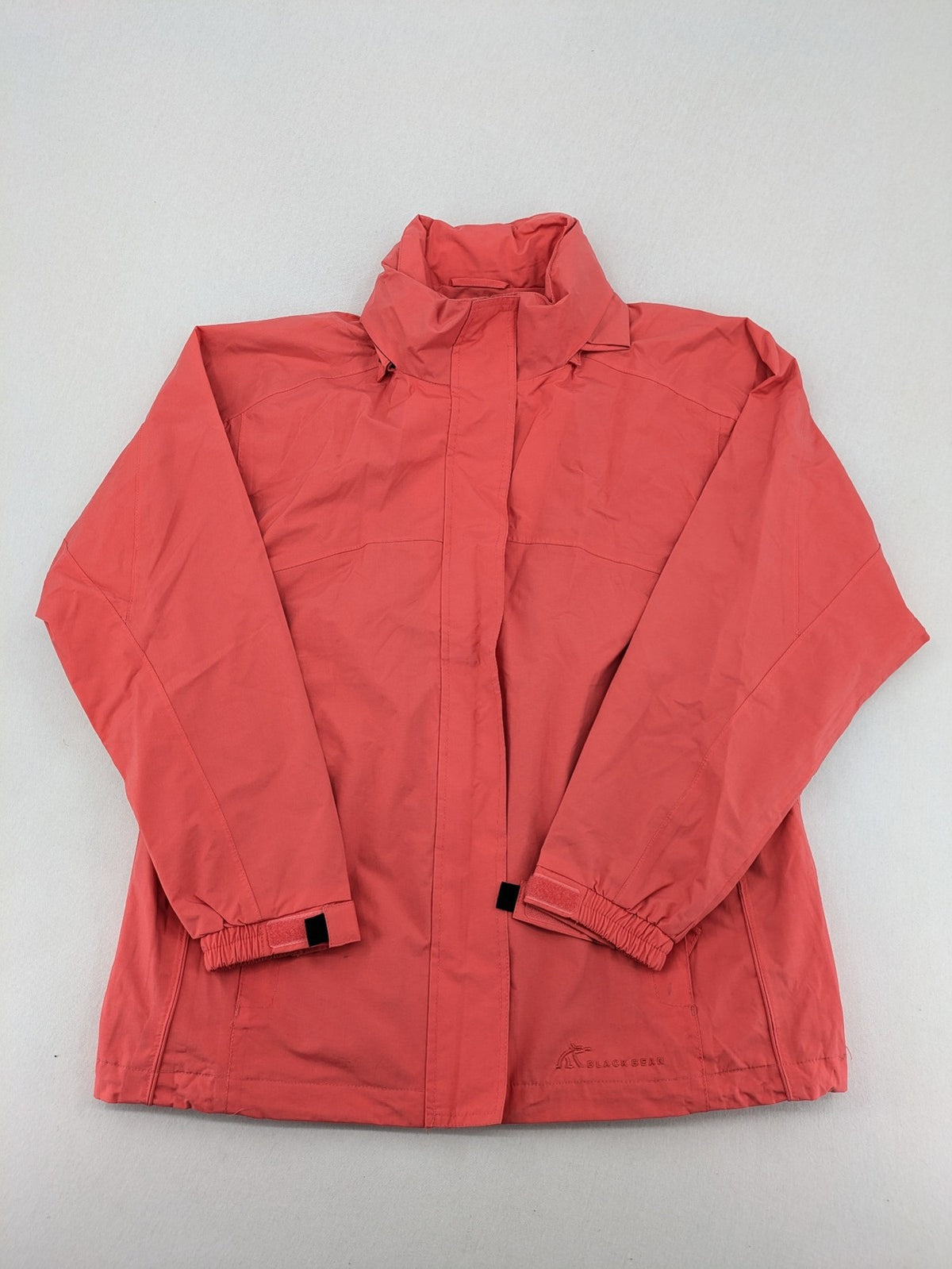 Black Bear black rain jacket with coral pink mesh lining and full zipper.