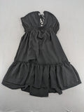 SHEIN grey mini dress with open back, adjustable tie, and ruffled hem.
