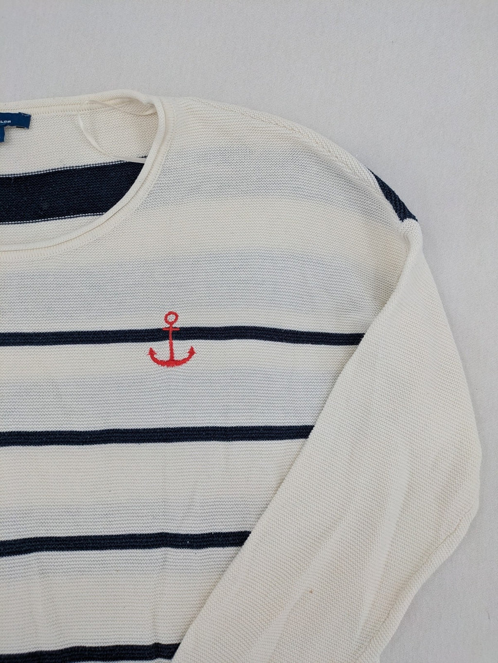Tom Tailor cream turtle neck jumper with navy stripes and red accent, featuring anchor embroidery.