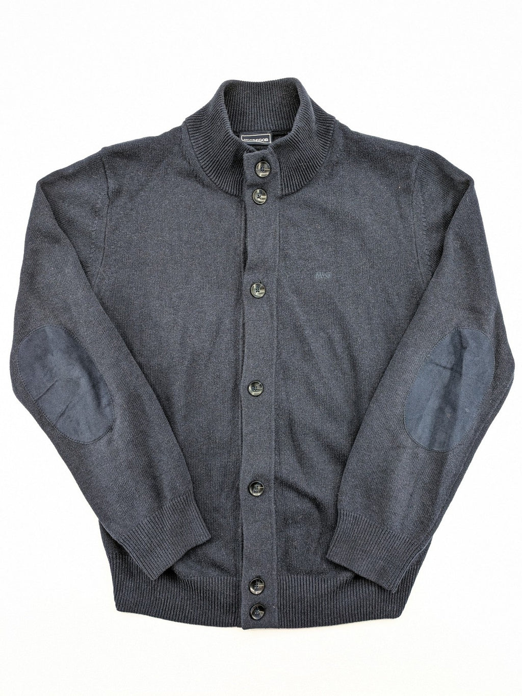 McGregor blue cardigan with elbow patches, button front, subtle logo, cotton-wool blend.
