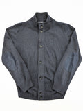 McGregor blue cardigan with elbow patches, button front, subtle logo, cotton-wool blend.