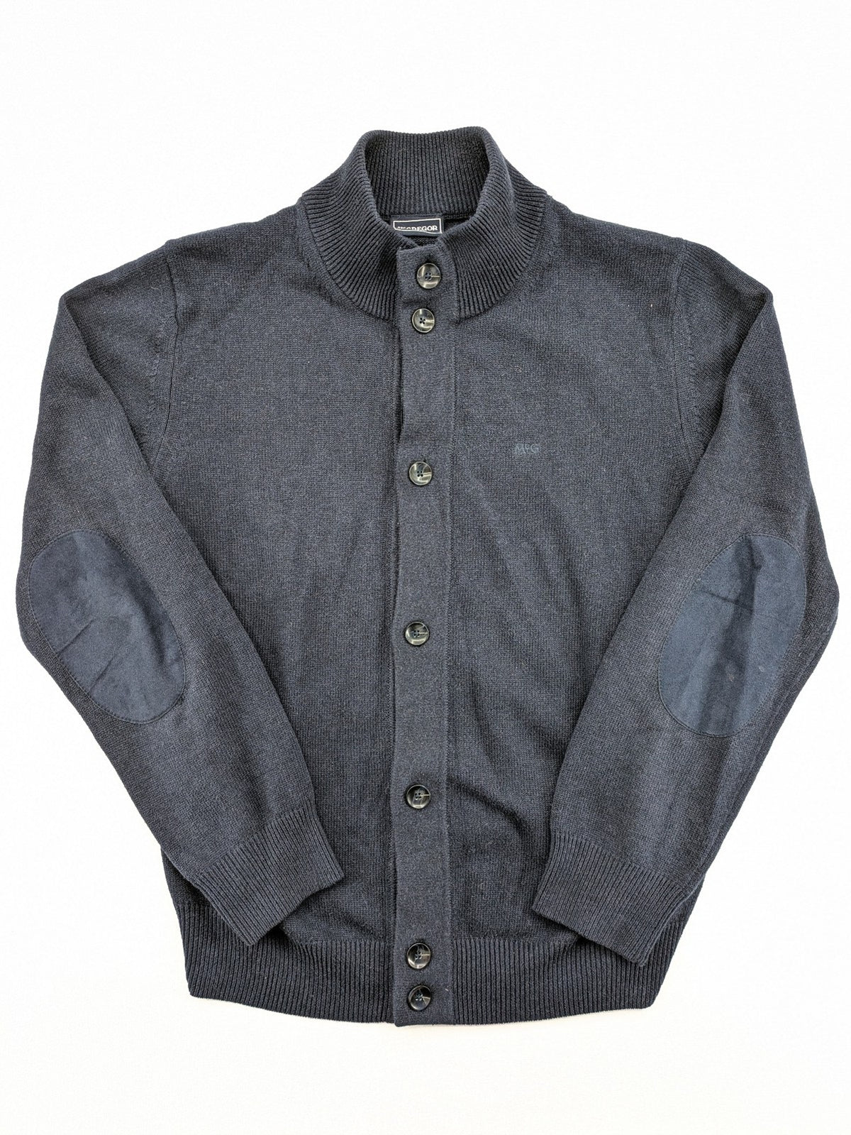 McGregor blue cardigan with elbow patches, button front, subtle logo, cotton-wool blend.