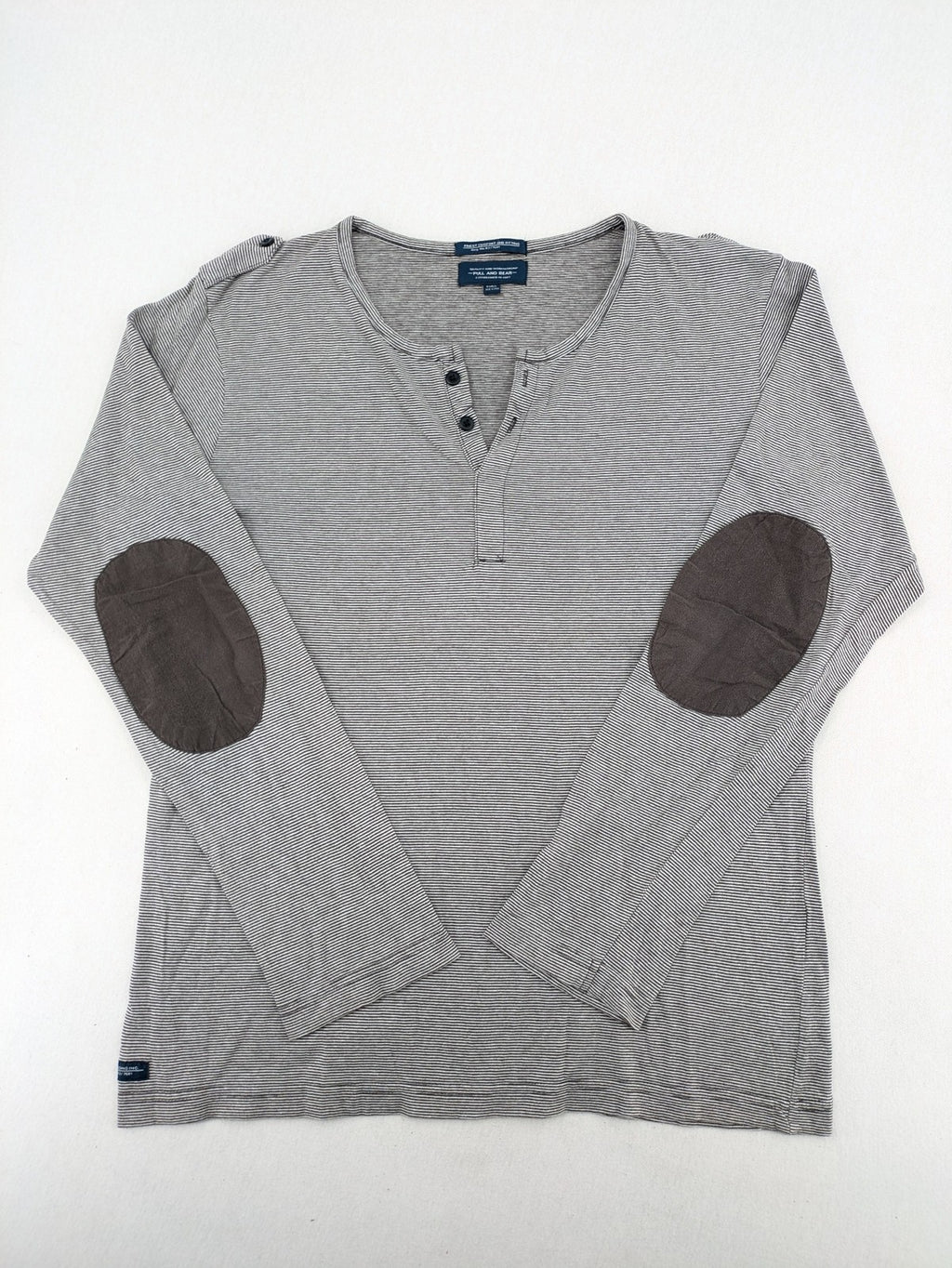 Pull&Bear grey striped Henley shirt with elbow patches and decorative shoulder flaps.