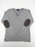 Pull&Bear grey striped Henley shirt with elbow patches and decorative shoulder flaps.
