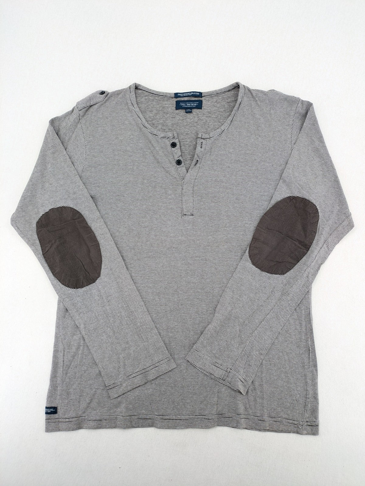 Pull&Bear grey striped Henley shirt with elbow patches and decorative shoulder flaps.