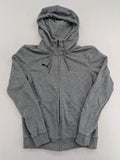 Puma grey full zip hoodie with adjustable drawstring hood and logo detail.