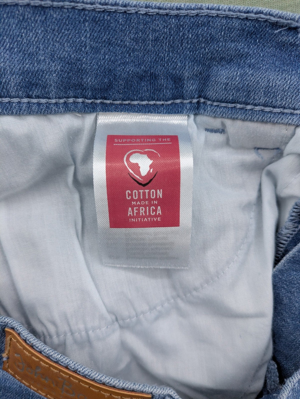 john baner blue straight jeans with decorative seams and button accents, stretch cotton blend