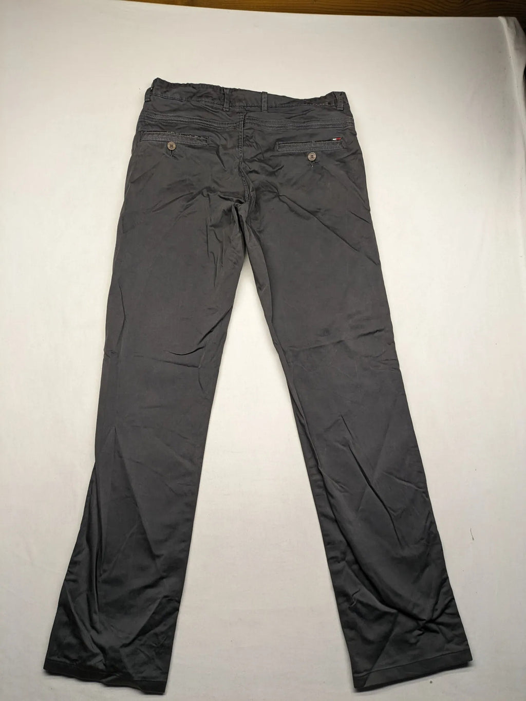 Tommy Hilfiger grey chino pants flat front straight leg subtle logo detail