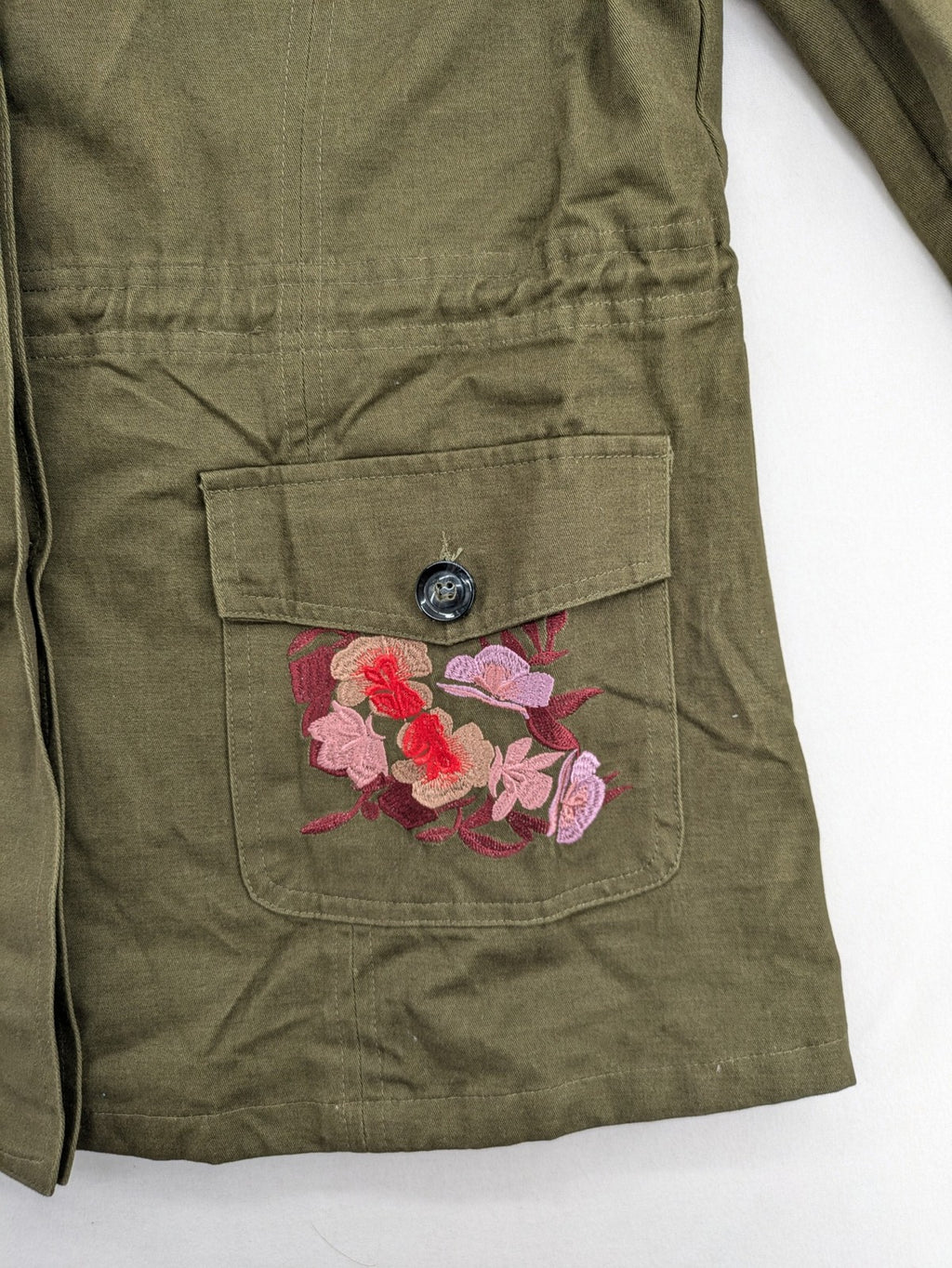 MyHailys green military jacket cotton with embroidered tiger and floral details.