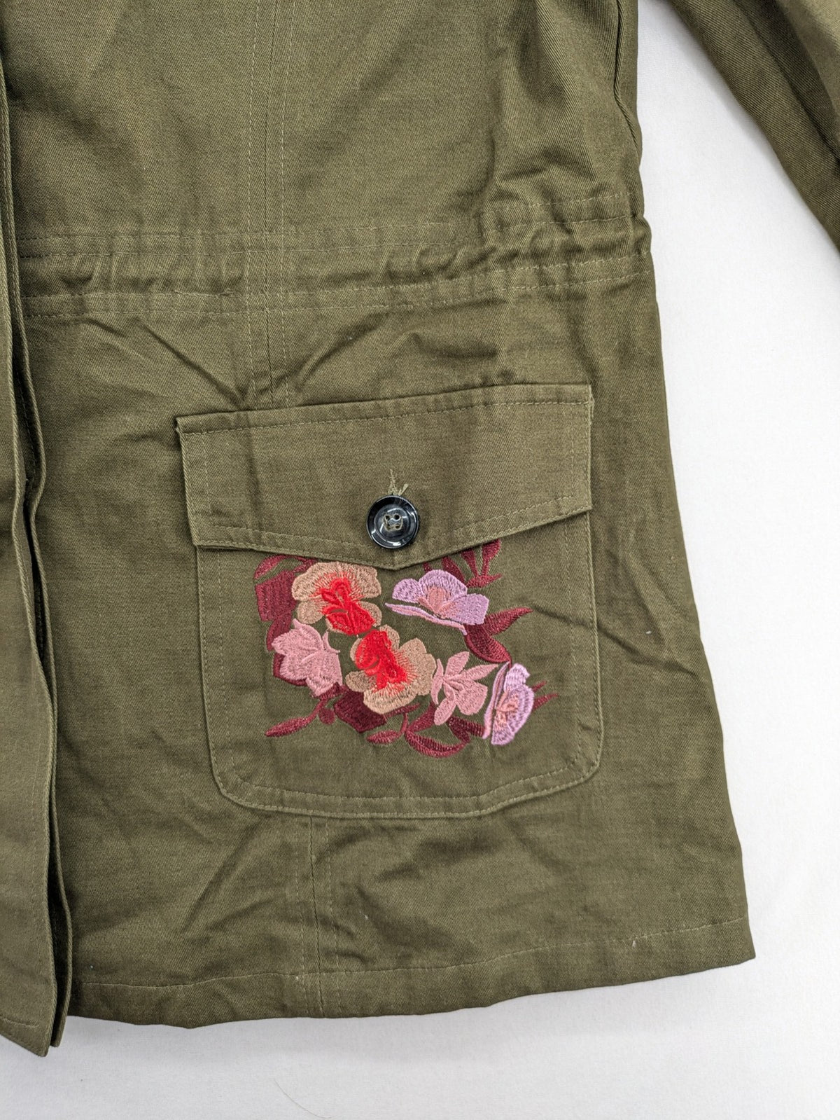 MyHailys green military jacket cotton with embroidered tiger and floral details.