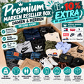 Hast grey apparel box with assorted high-tier and mid-tier brand clothing items.