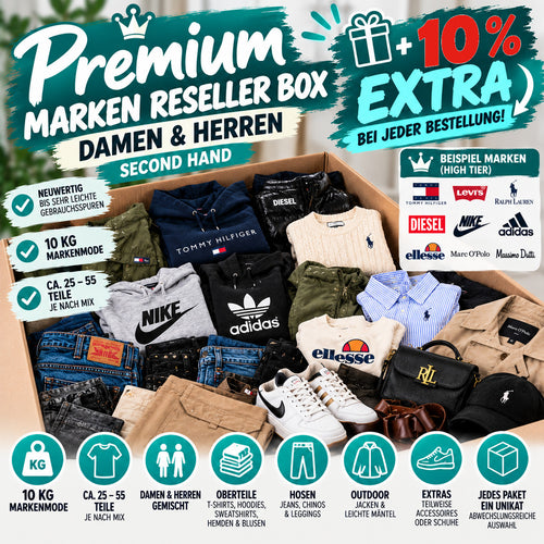 Hast grey apparel box with assorted high-tier and mid-tier brand clothing items.