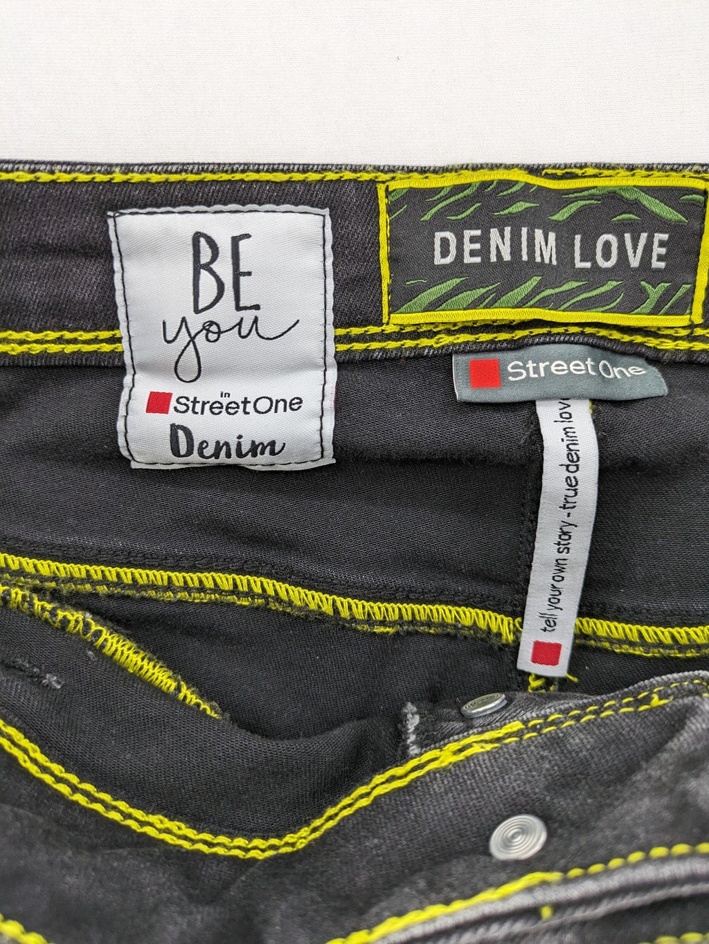 Street One black straight jeans faded wash 5-pocket style with stretch denim.