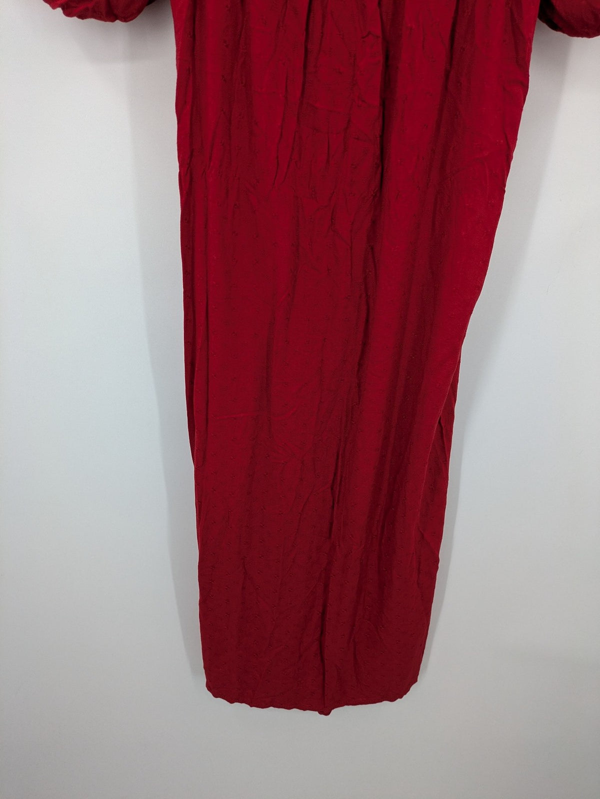 NEXT red midi dress with puff sleeves, smocked bodice, and stylish back cut-out.