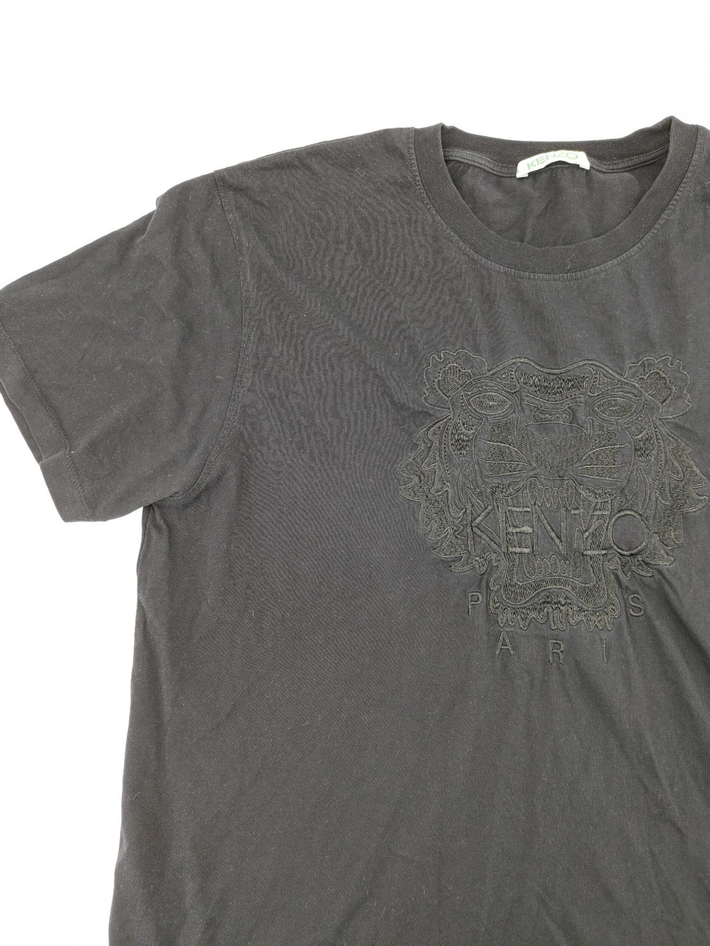 Kenzo grey t-shirt with embroidered tiger logo and "Paris" text in tonal black.
