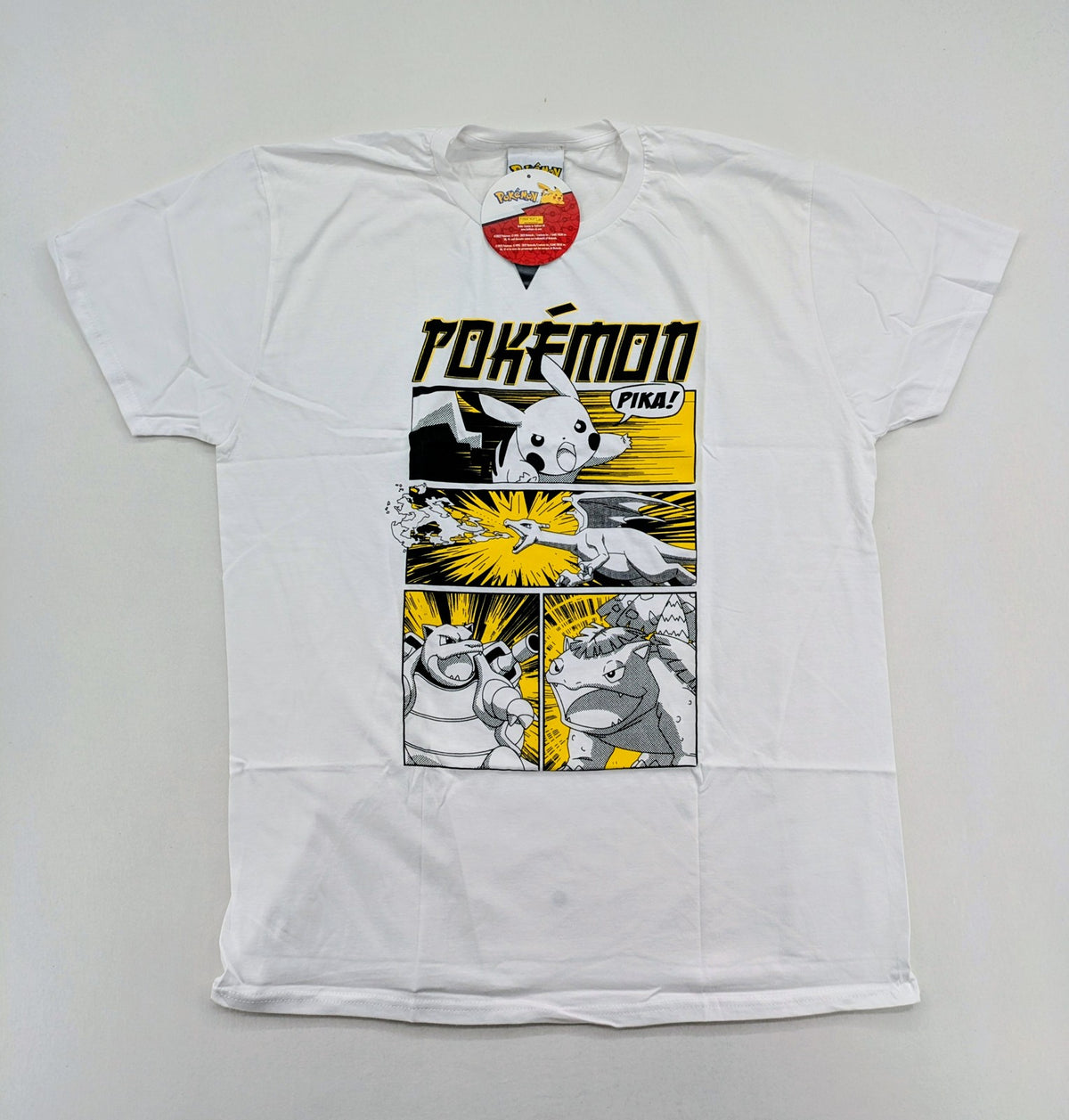 Pokemon graphic t-shirt white comic print featuring Pikachu, Charizard, Blastoise, Venusaur.