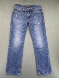 American Eagle Outfitters blue straight jeans with distressed detailing and classic five-pocket design.