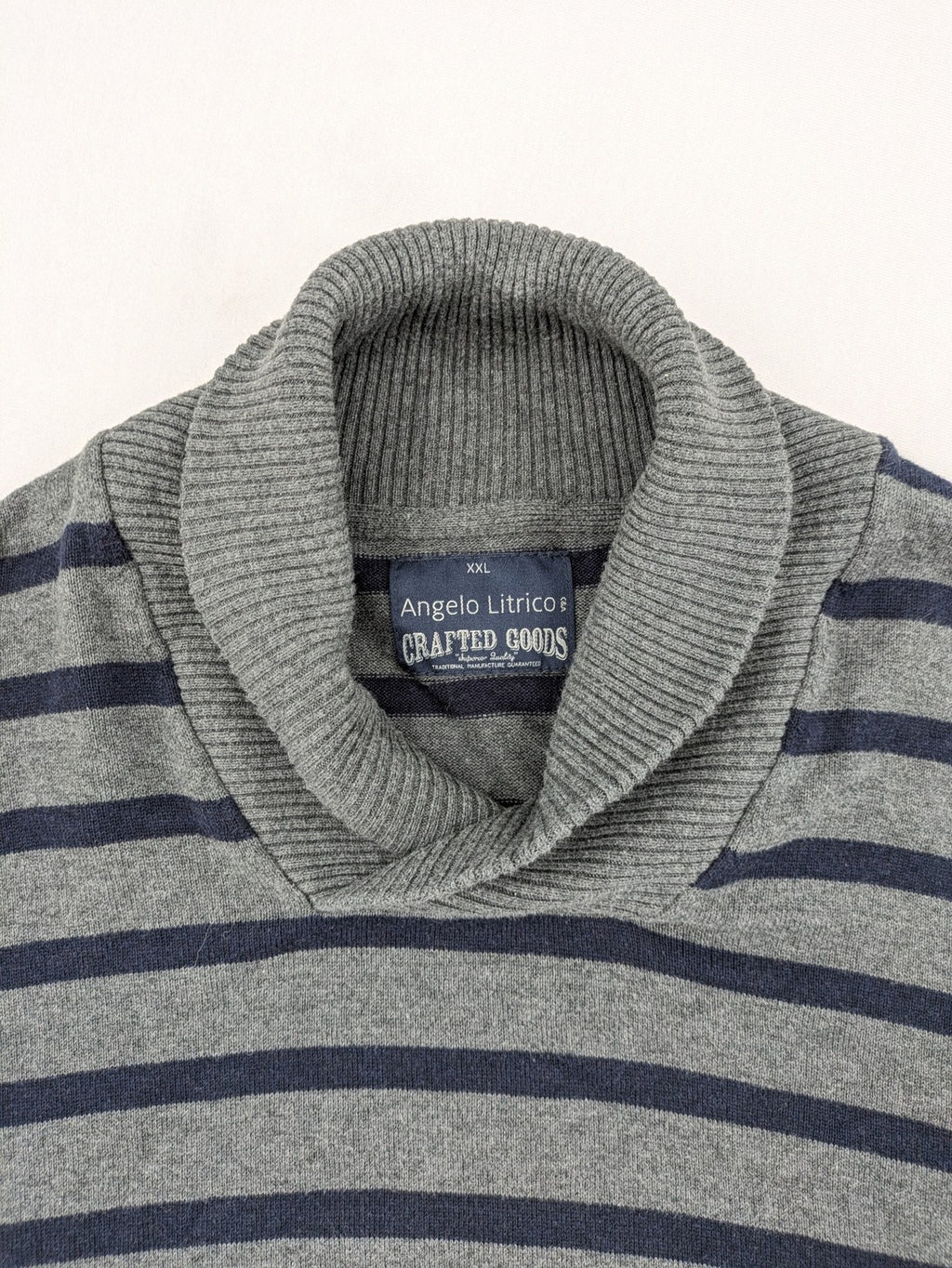 Angelo Litrico grey and navy striped turtle neck jumper with stylish shawl collar.