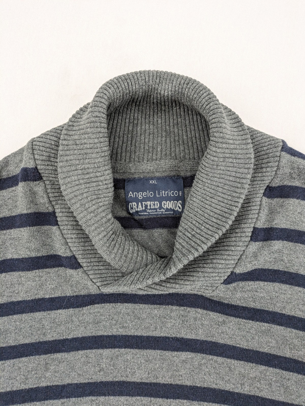 Angelo Litrico grey and navy striped turtle neck jumper with stylish shawl collar.