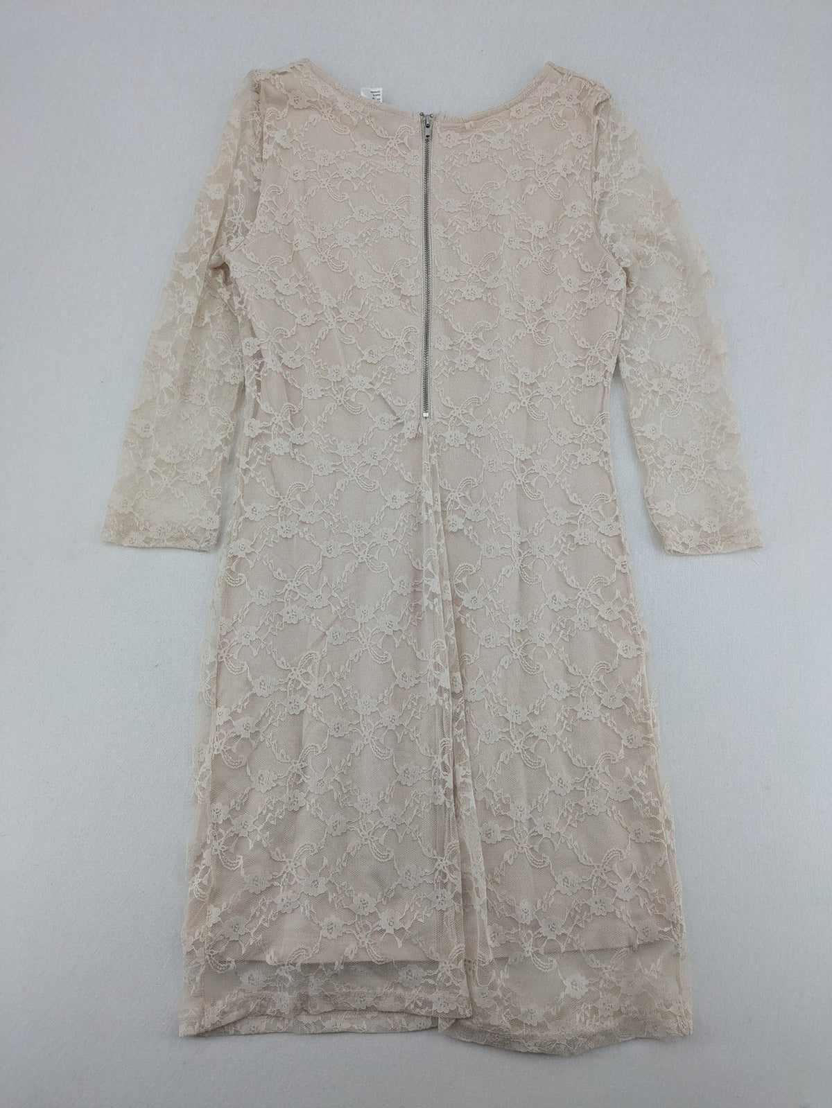 Divided H&M beige bodycon dress floral lace overlay 3/4 sleeves back zipper