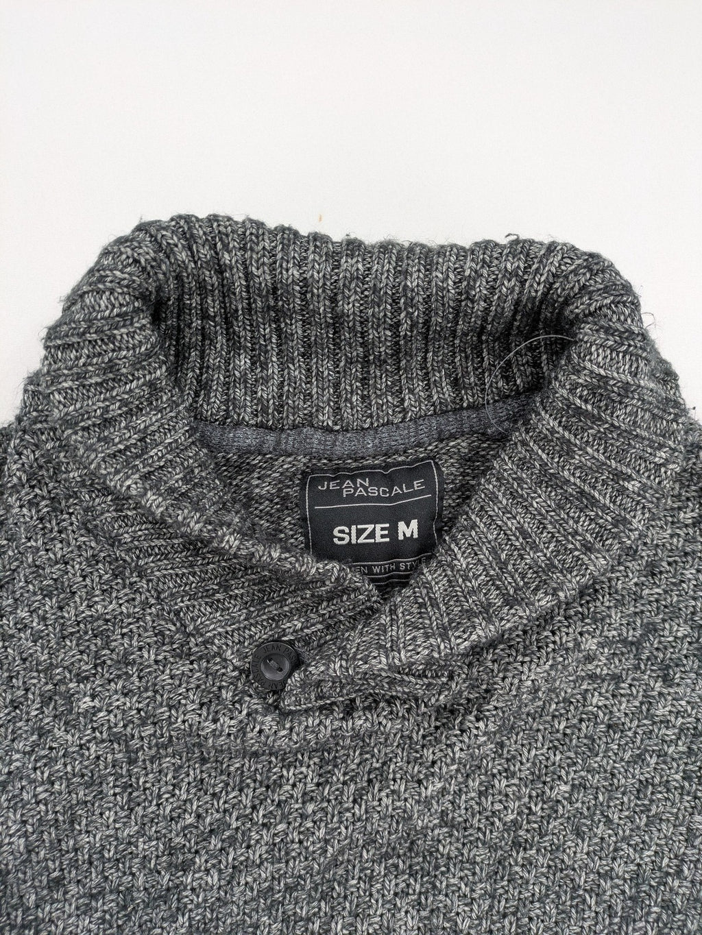 Jean Pascale grey turtle neck jumper with shawl collar and ribbed details.