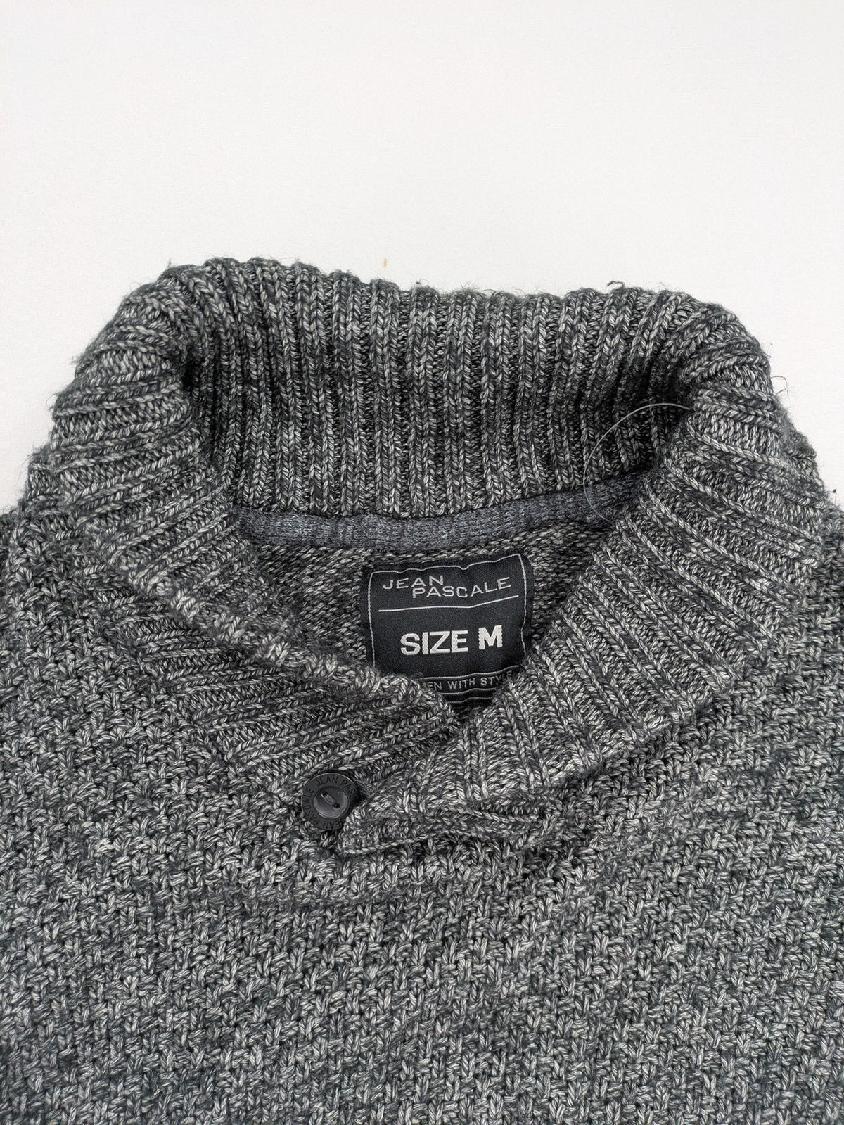 Jean Pascale grey turtle neck jumper with shawl collar and ribbed details.