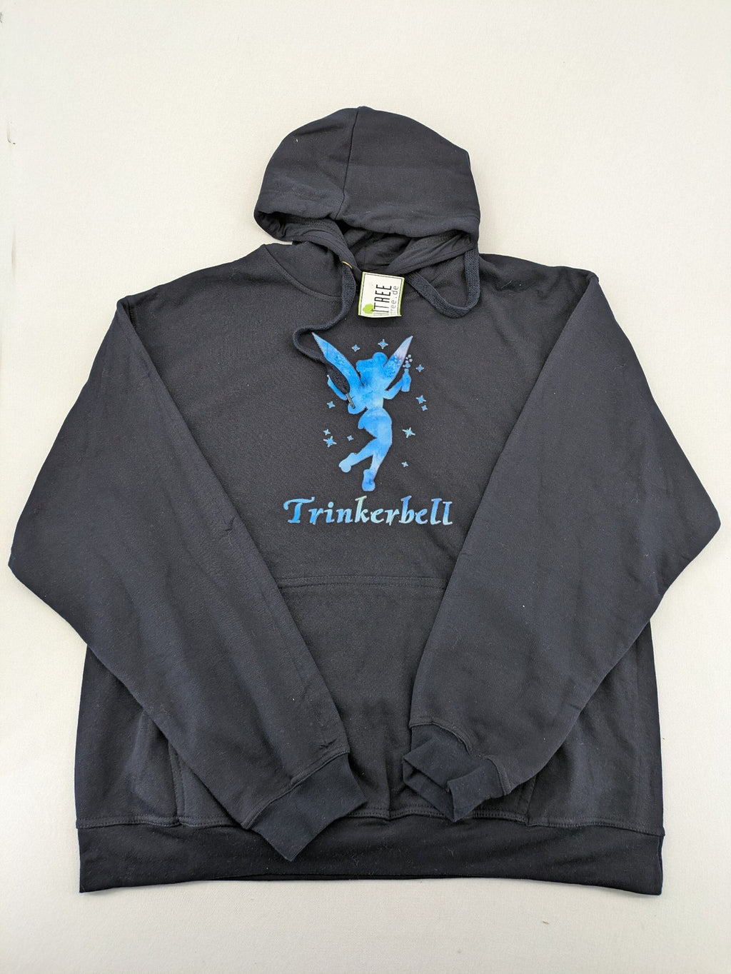 Trinkerbell black zip-through hoodie with blue graphic and adjustable drawstring hood.