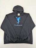 Trinkerbell black zip-through hoodie with blue graphic and adjustable drawstring hood.