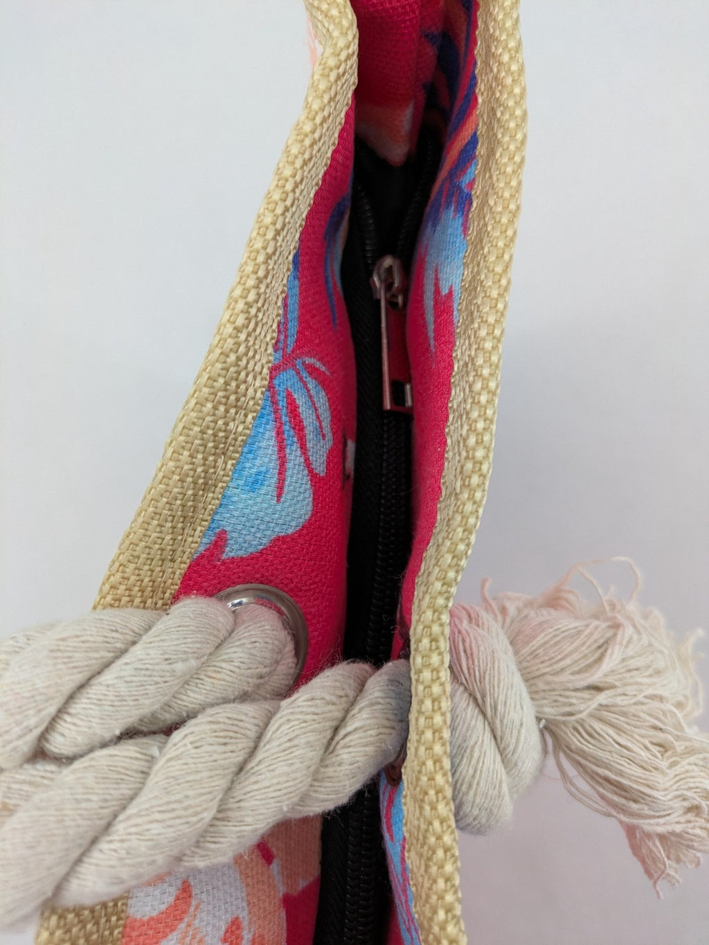 Flamingo pink shopping tote with vibrant tropical flamingo and palm leaf pattern.