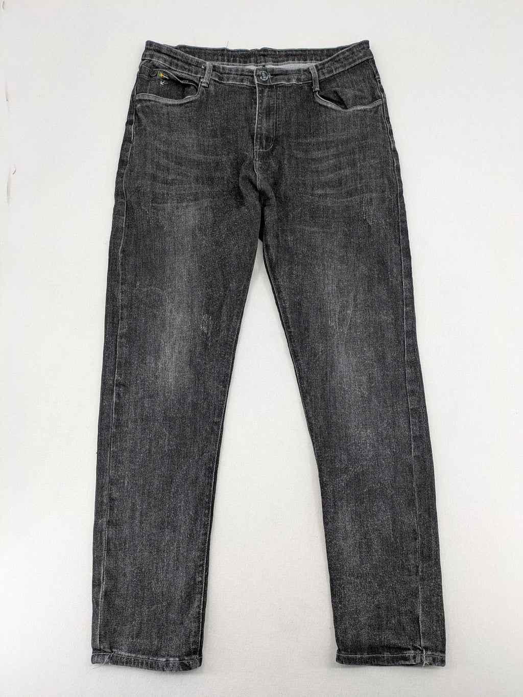 Denim straight jeans black grey washed stretch cotton 5-pocket design with logo details