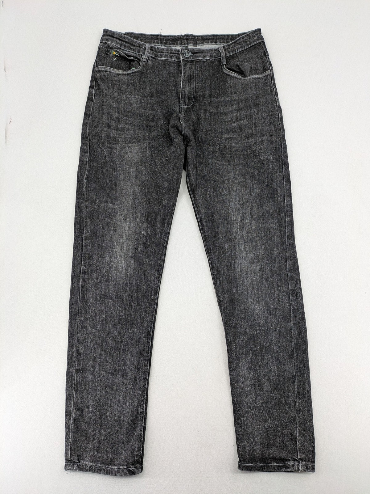 Denim straight jeans black grey washed stretch cotton 5-pocket design with logo details