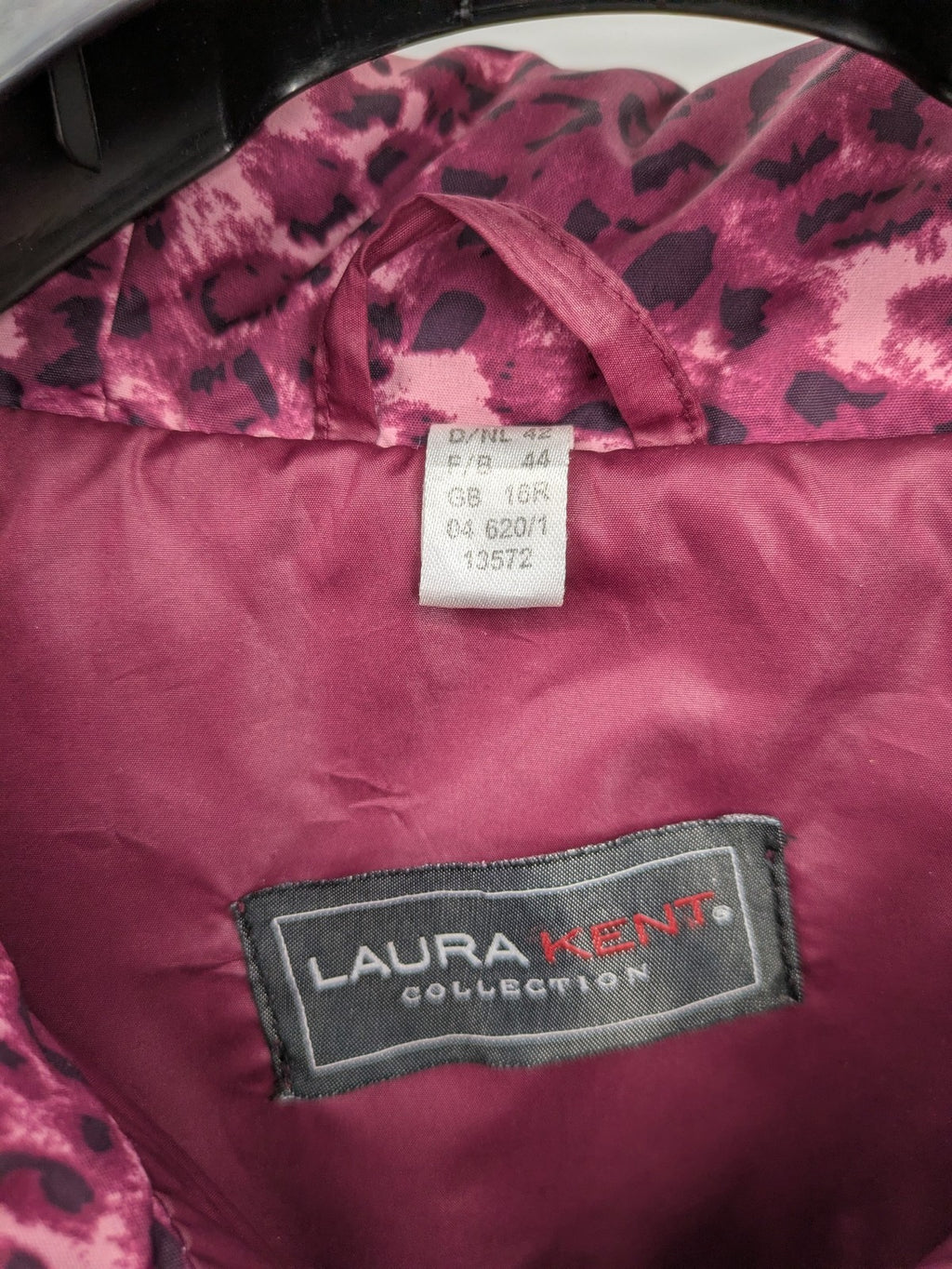 Laura Kent burgundy puffer coat with leopard print collar and cuffs, 100% polyester.
