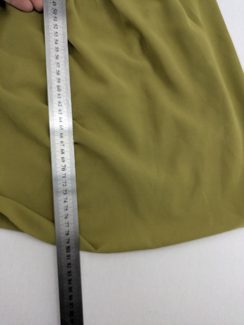 Buqre Store khaki A-line dress with puff sleeves, ruffled cuffs, and button placket.