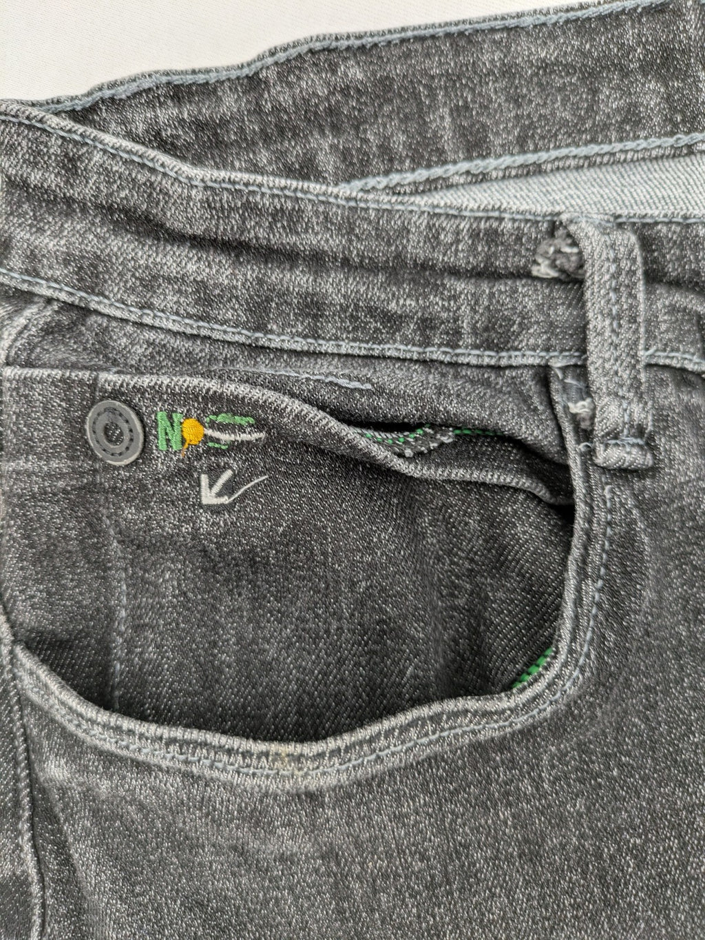 Denim straight jeans black grey washed stretch cotton 5-pocket design with logo details