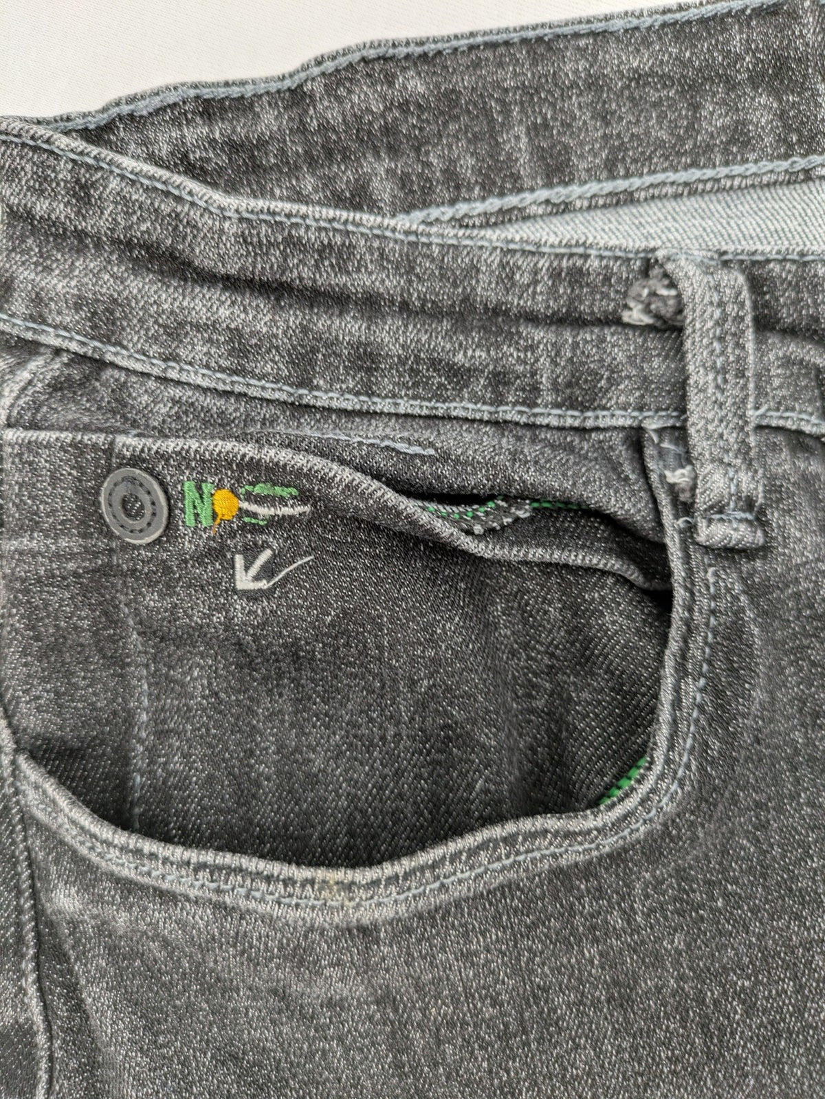 Denim straight jeans black grey washed stretch cotton 5-pocket design with logo details