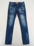 ICON 2 blue slim fit jeans distressed stretch denim with button fly and faded details.