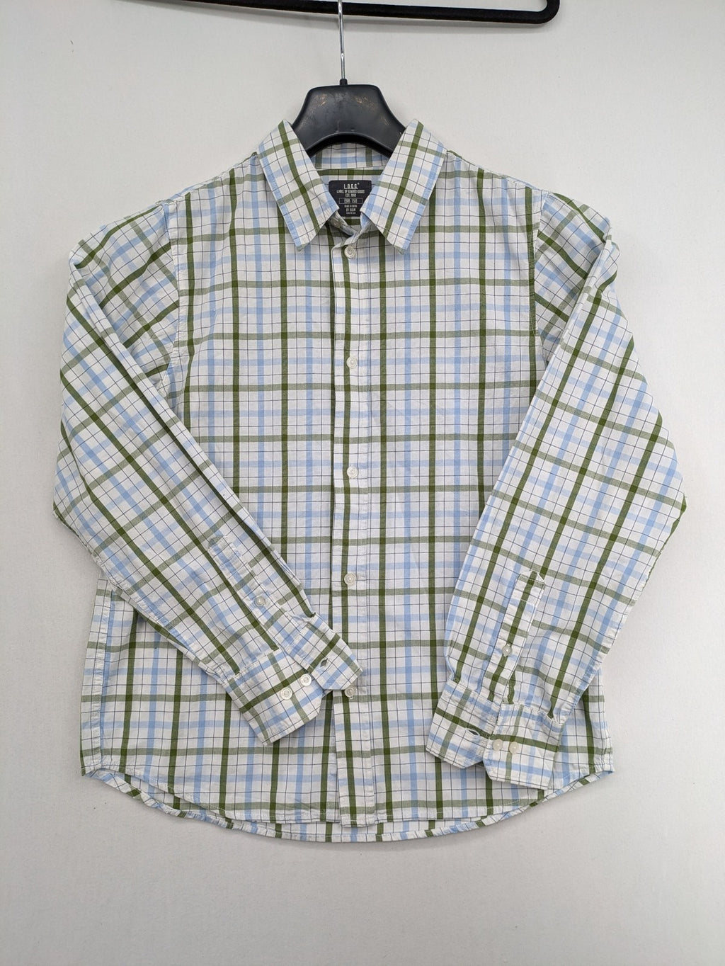 L.O.G.G green, blue, and white checked long-sleeve shirt with button placket and Kent collar.