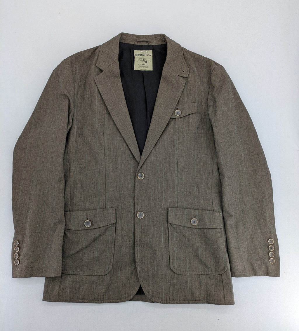 Springfield pink blazer with subtle pinstripe pattern and patch pockets.