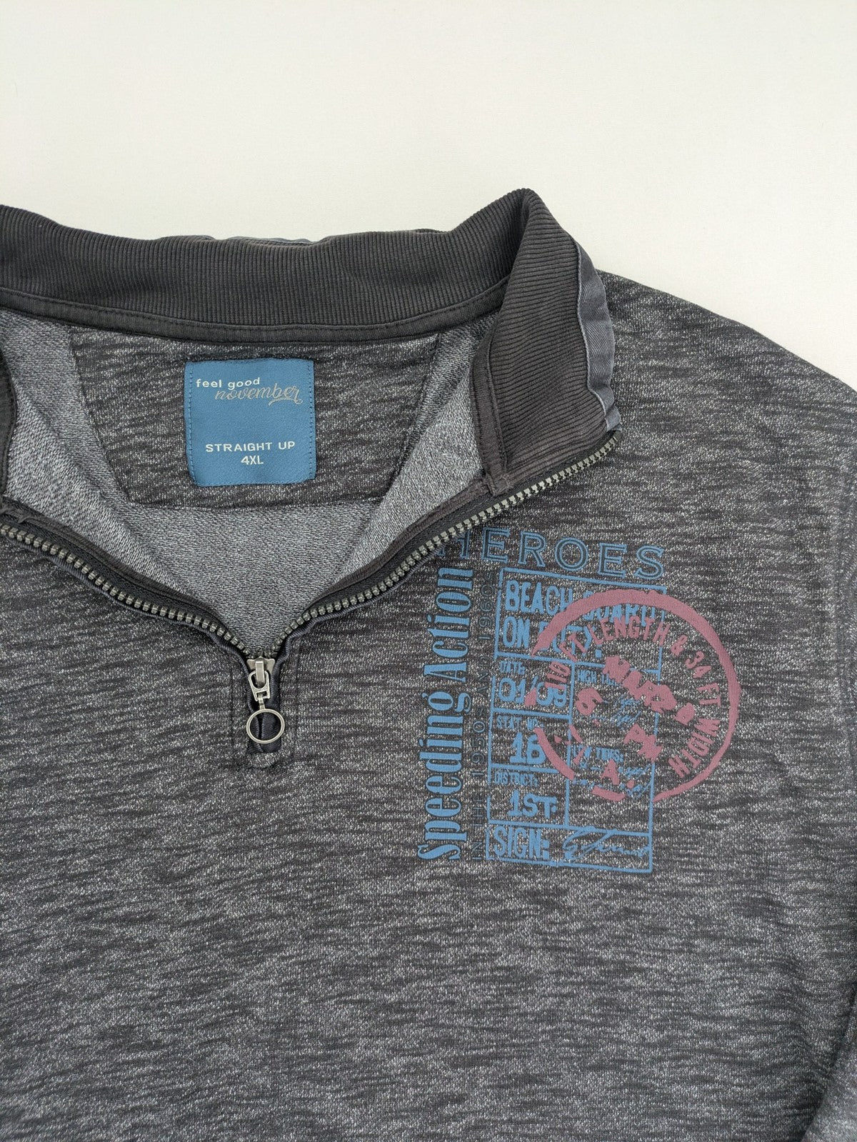 Straight Up grey turtle neck jumper with zip collar and subtle graphic print.