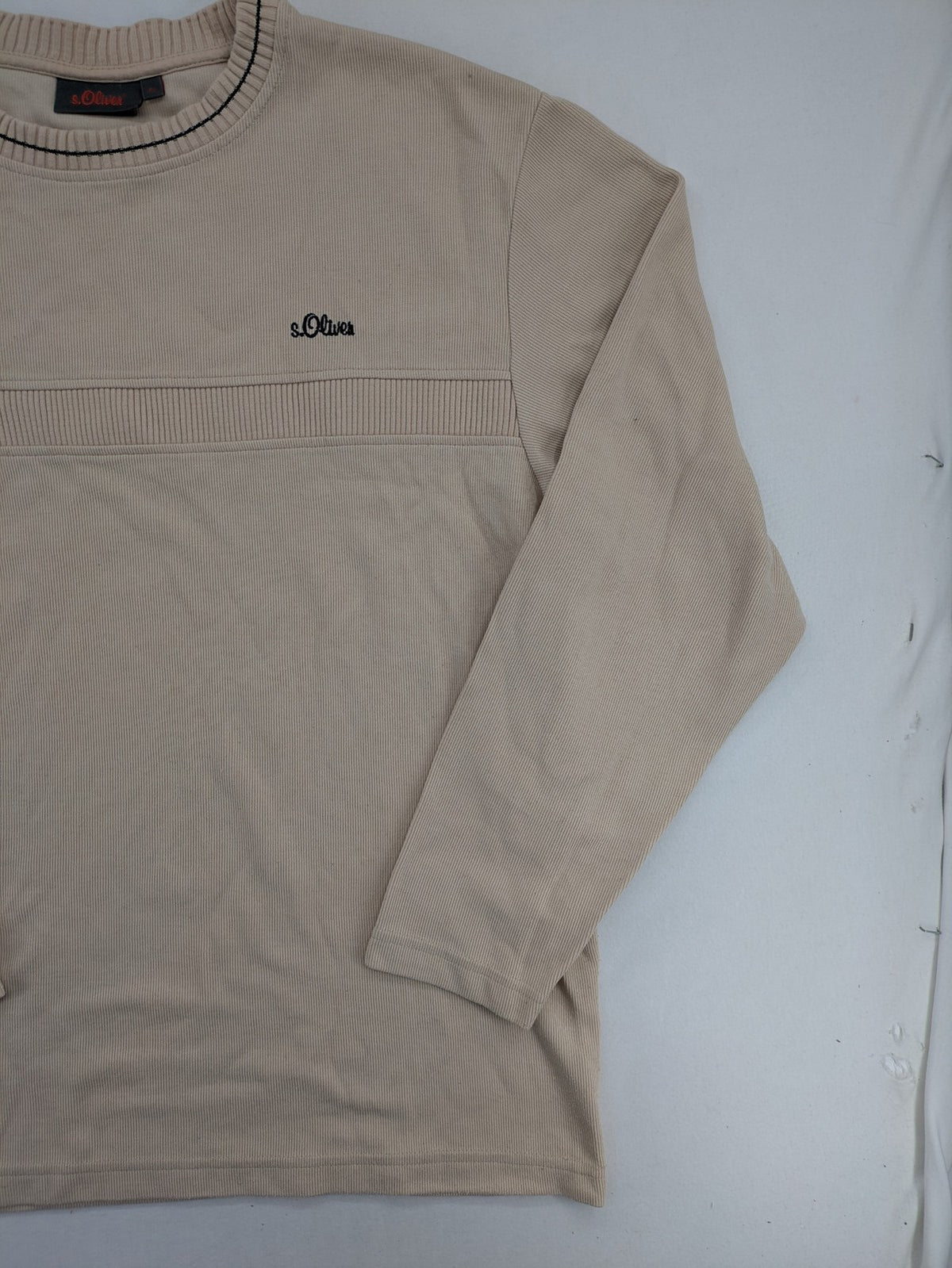 s.Oliver beige turtle neck jumper with ribbed texture and embroidered logo on chest