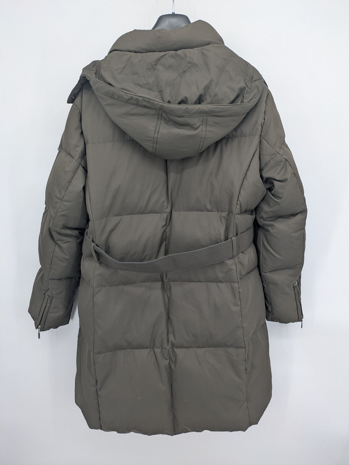 Yessica khaki puffer coat long quilted design with belt, zip pockets, and hood.