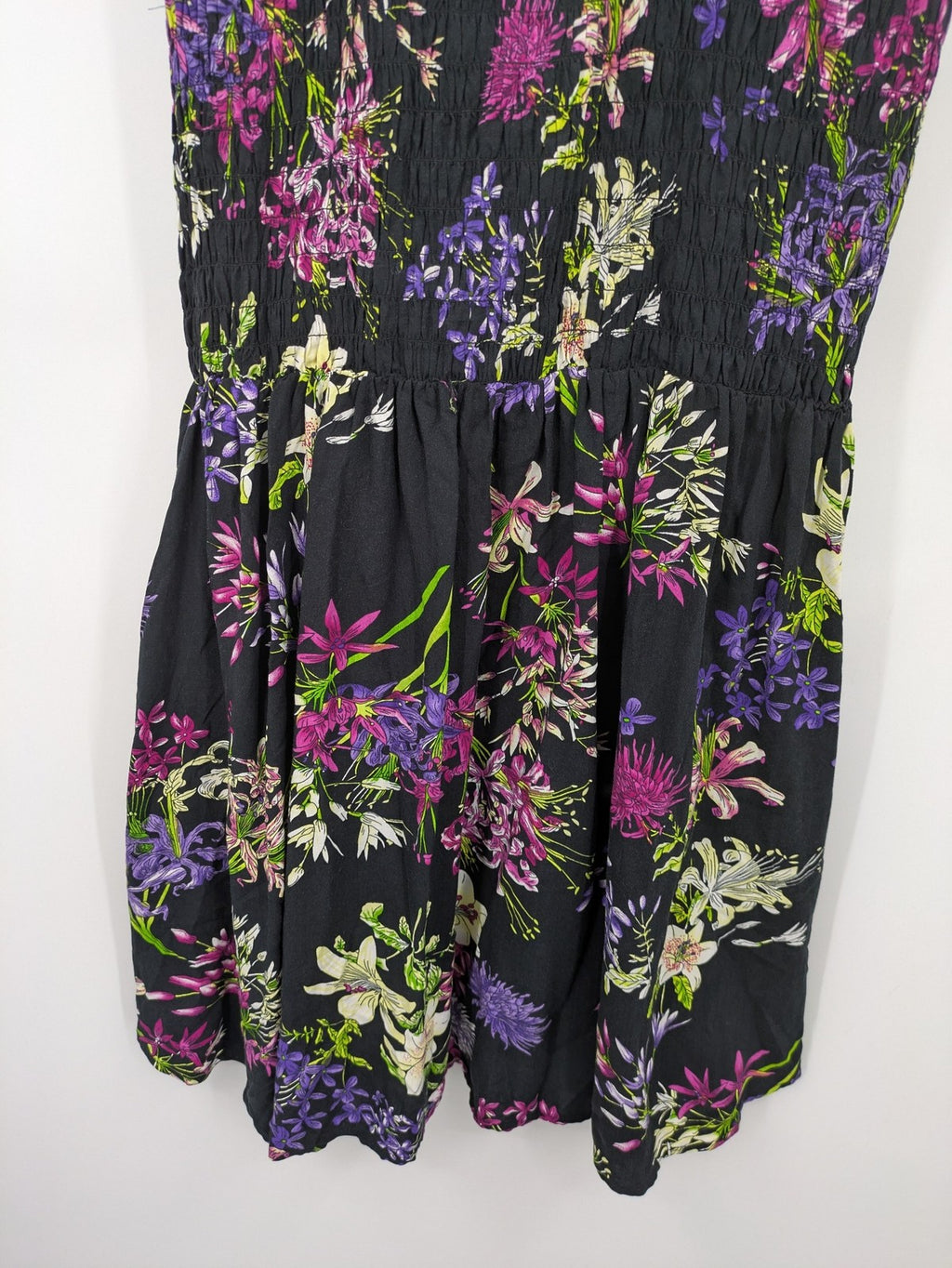 Bridal Party Dress multi floral pattern black background smocked bodice with stand-up collar