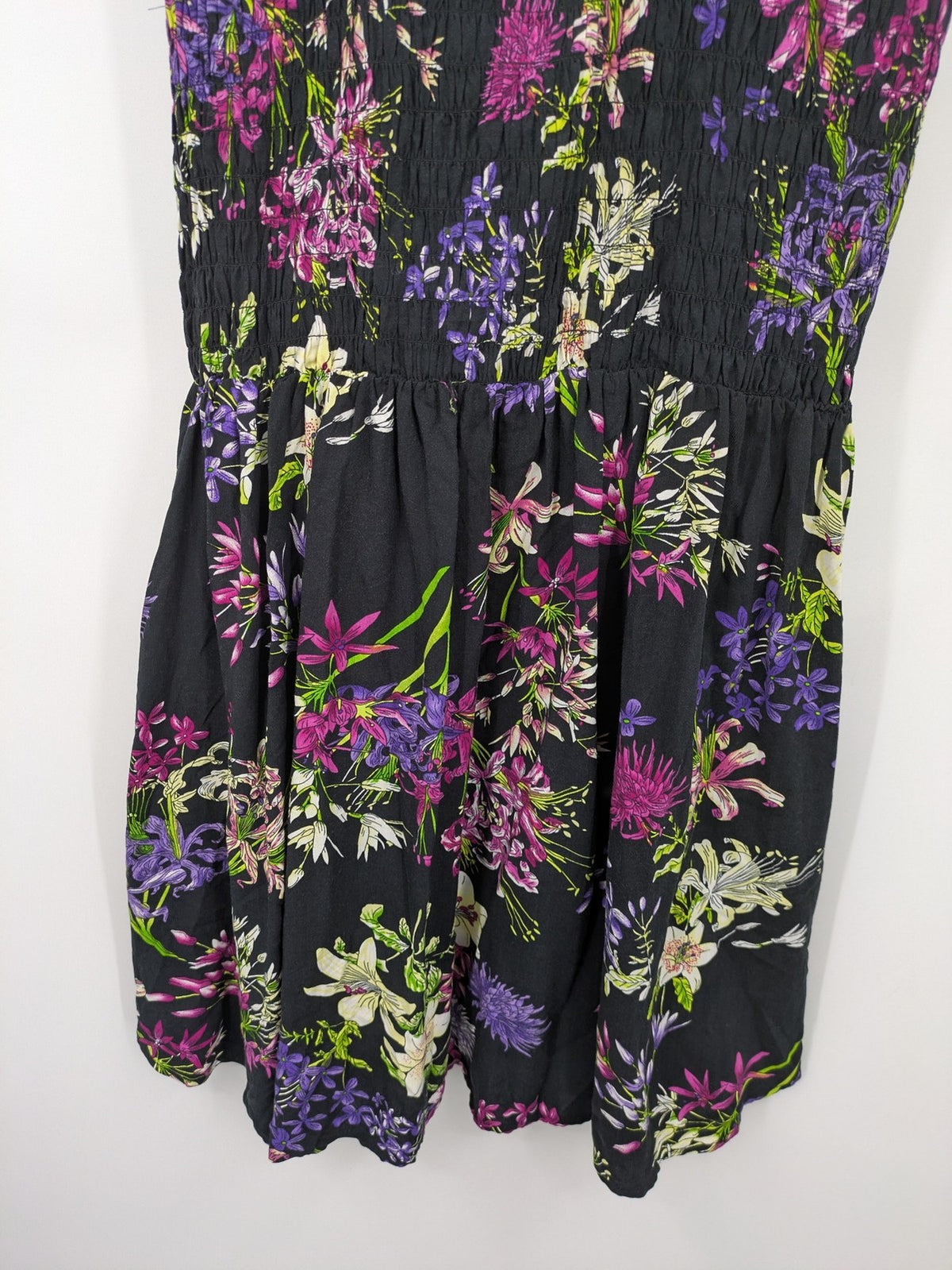Bridal Party Dress multi floral pattern black background smocked bodice with stand-up collar